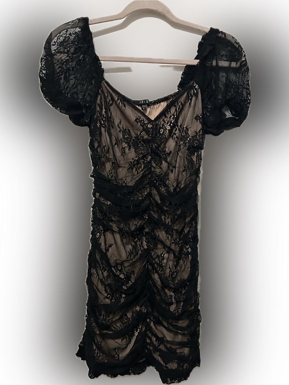 iris Black Lace Ruched Mesh Dress with Puff Sleeves